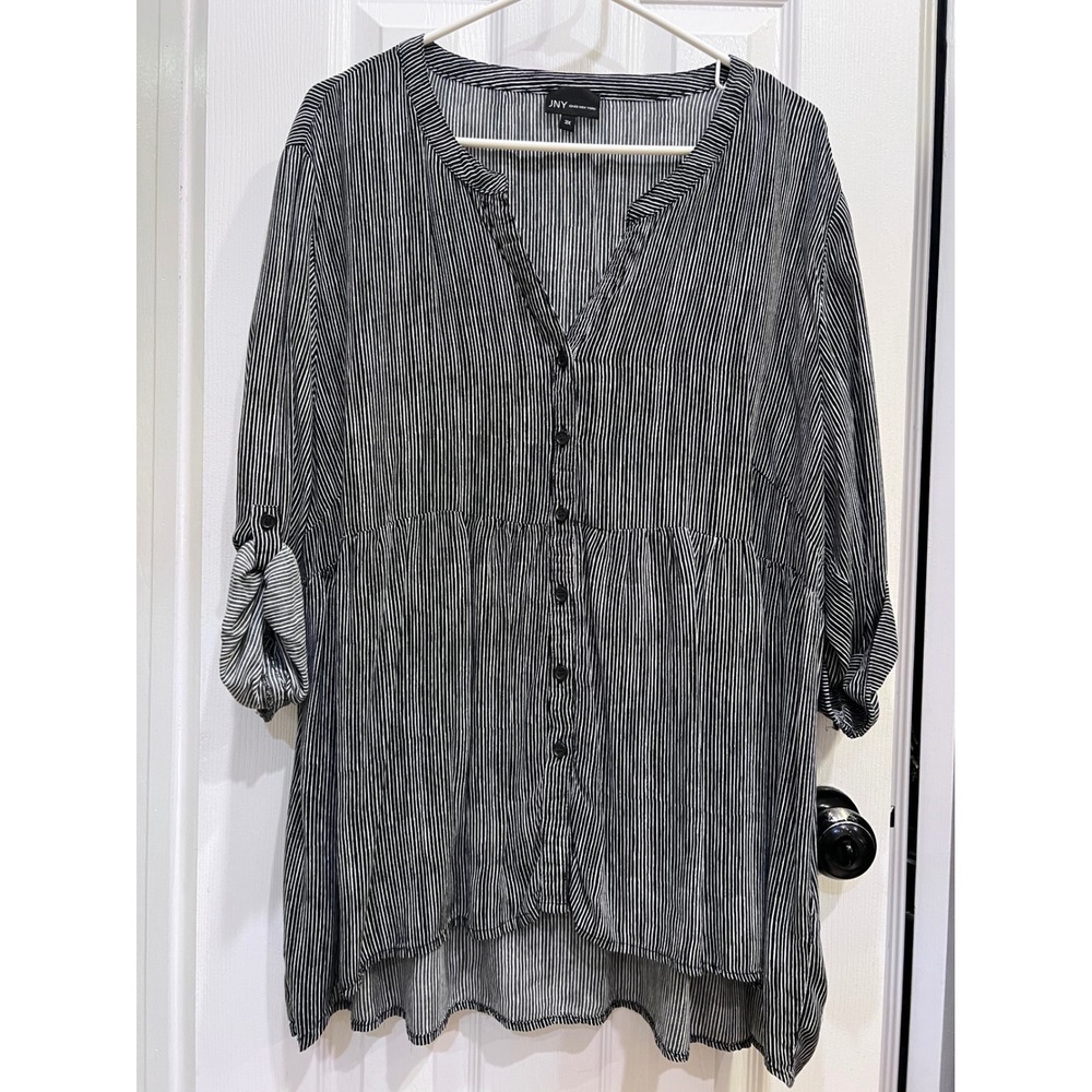 Jones New York JNY Striped Button Down Tunic Blouse Black White 3X High Low Hem